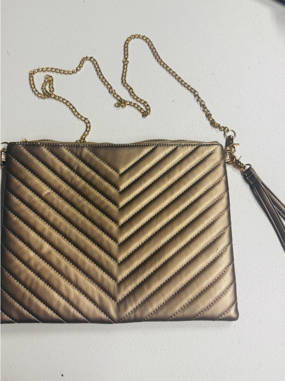 Gold Quilted Chevron Crossbody Clutch with Chain Strap